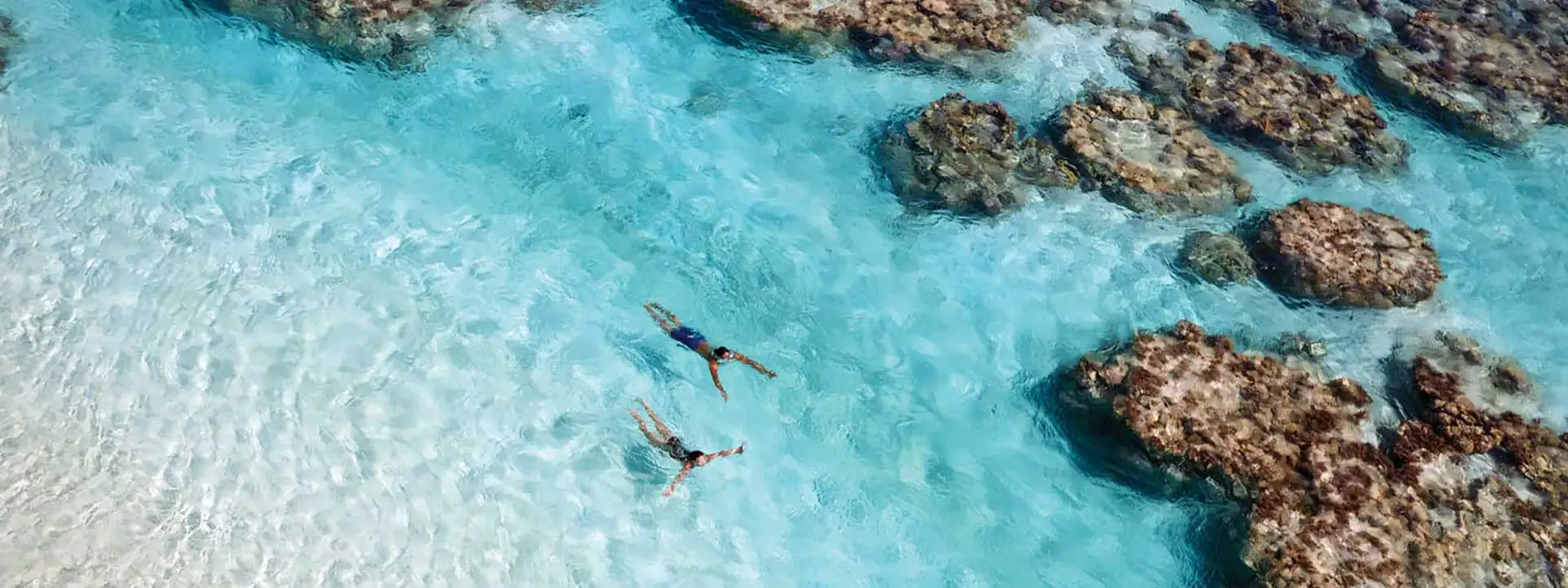 THE-BRANDO-Tahiti-honeymoon-couple-swimming-in-lagoon-aerial-